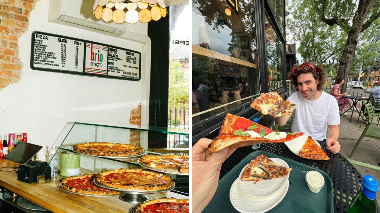 Pizzas at Badiali. Right: A person enjoying a slice of pizza outside Badiali.
