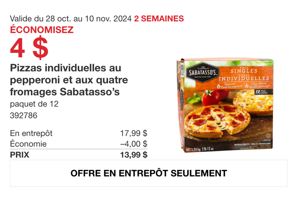 Pizzas individuelles au pepperoni et aux quatre fromages de Sabatasso's.