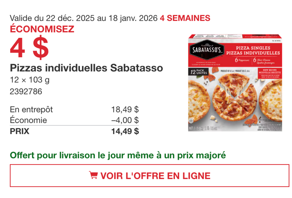 Pizzas individuelles Sabatasso 12 x 103 g sur le site de Costco.
