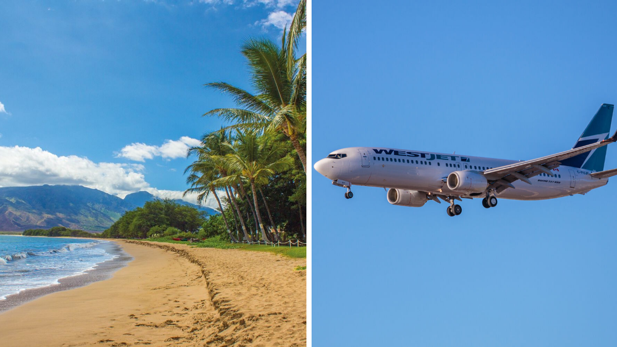 Plage d'Hawaï. Droite : Avion WestJet.