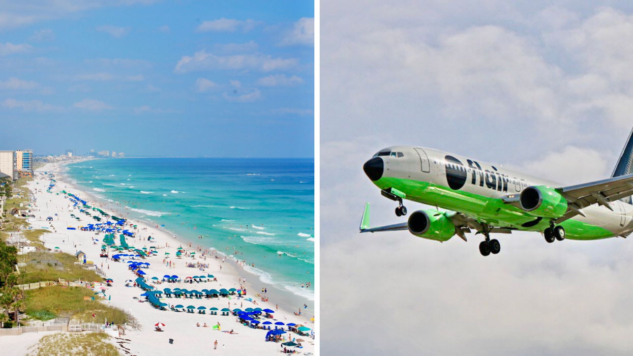 Plage de Floride. Droite : Avion Flair Airlines.