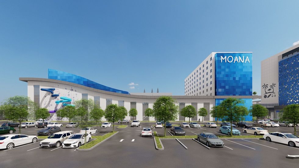 Plan de l'\u00e9difice blanc, gris et bleu du MOANA Parc Aquatique Cit\u00e9 Mirabel.