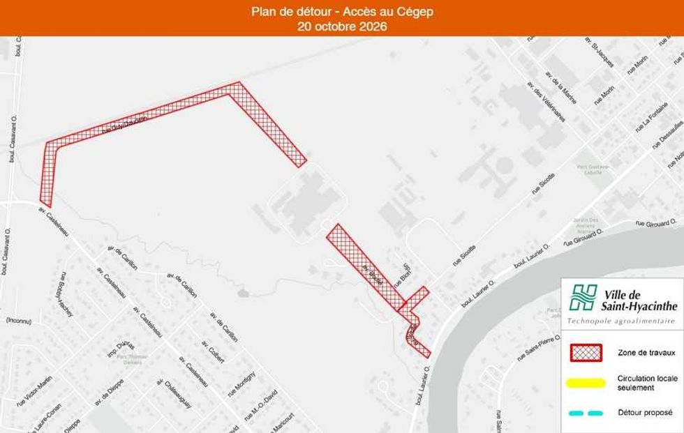 Plan des rues ferm\u00e9es suite \u00e0 l'\u00e9vacuation du C\u00e9gep de Saint-Hyacinthe