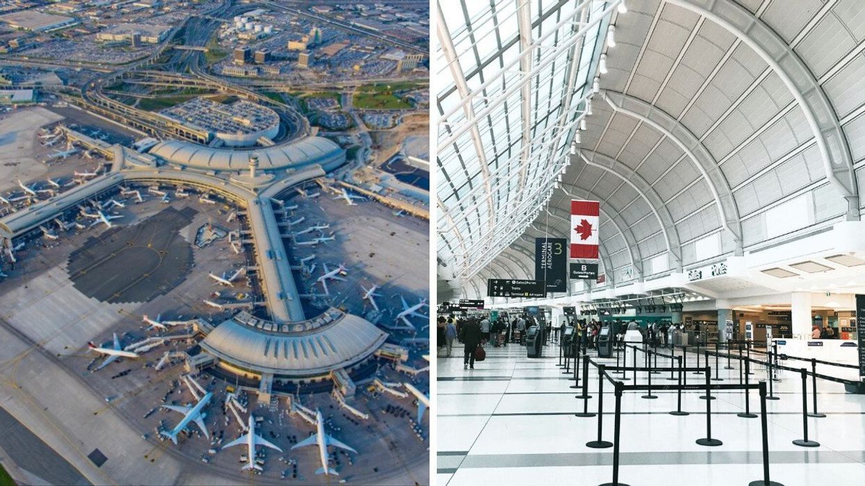 Planes are seen from above at Toronto Pearson Airport. Right: Inside Toronto Pearson Airport.