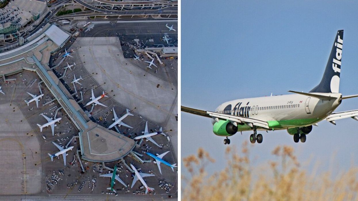 Planes at Toronto Pearson Airport. Right: A Flair Airlines plane.
