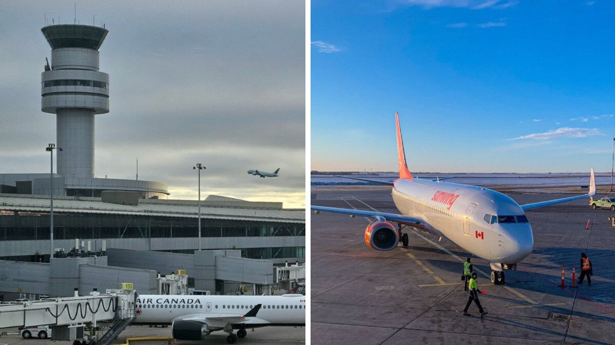Planes at Toronto Pearson Airport. Right: A plane at an airport in Canada.