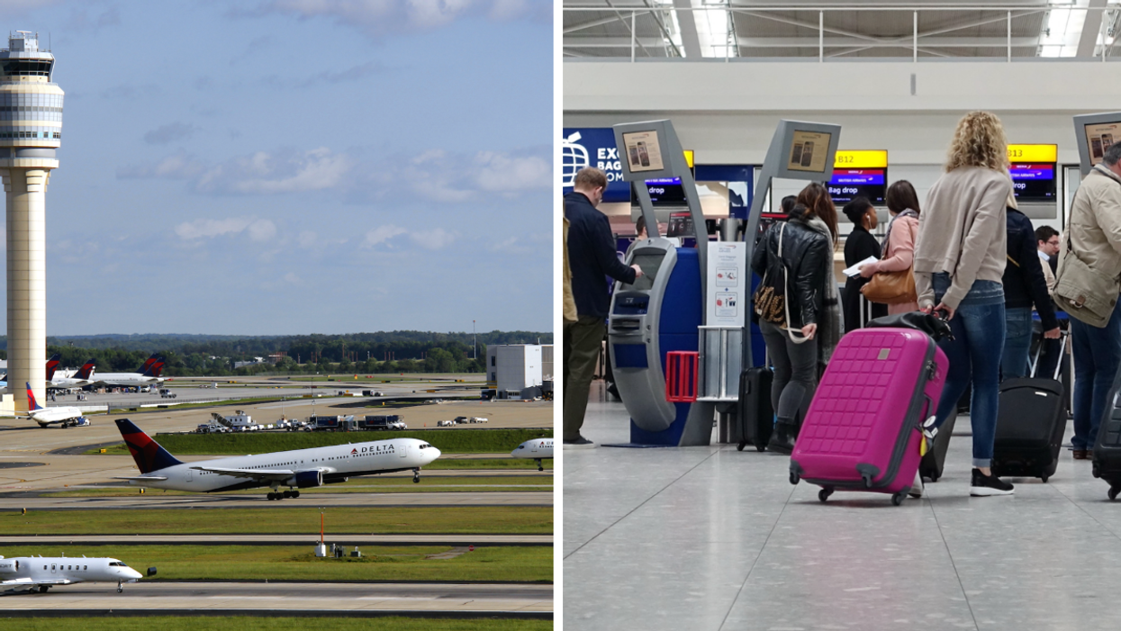 Planes flying at an Airport. Right: Travelers standing in an Airport check-in area.