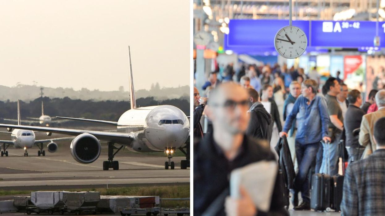 Planes on the runway. Right: Passengers at the airport.