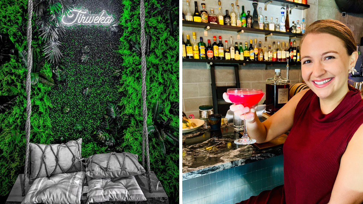 Plant wall and swing in Tirweka brunch restaurant. Right: Shawarma cocktail from Stolen Goods.