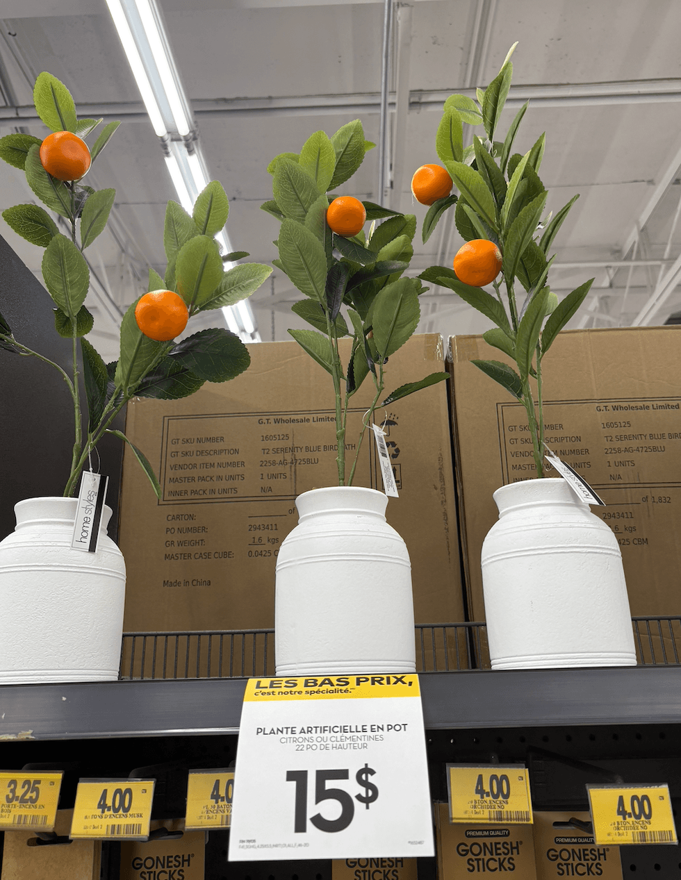 Plante artificielle avec petites oranges d\u00e9coratives dans un pot blanc chez Tigre G\u00e9ant.
