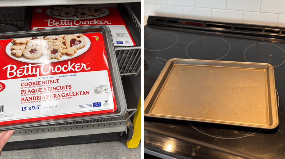 Plaque \u00e0 biscuits Betty Crocker sur les \u00e9tag\u00e8res du Dollarama. Droite : plaque \u00e0 biscuits sur un four