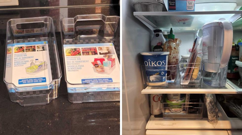 Plastic storage containers. Right: A fridge organized with containers.