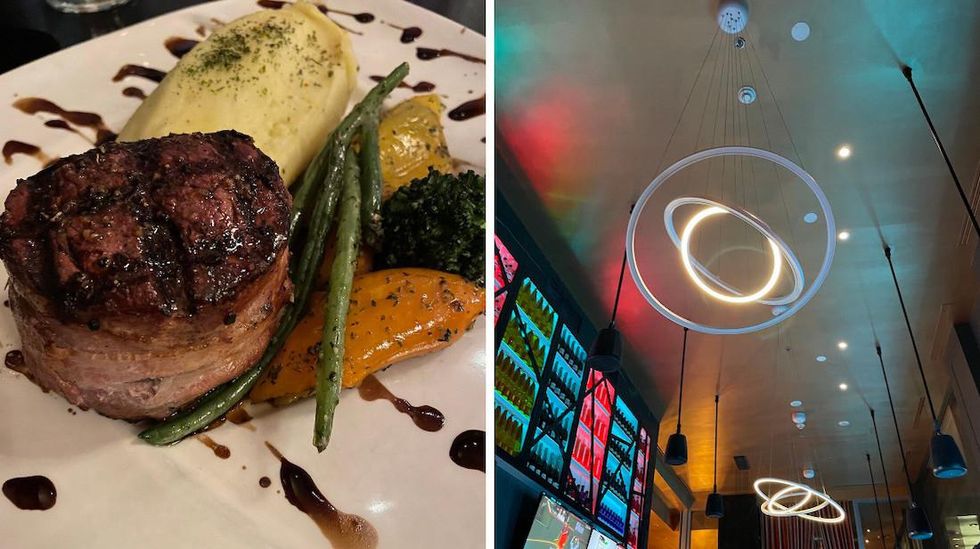 Plate at Wildfire Steak, Toronto. Right: Ceiling lights of Wildfire Steak, Toronto.