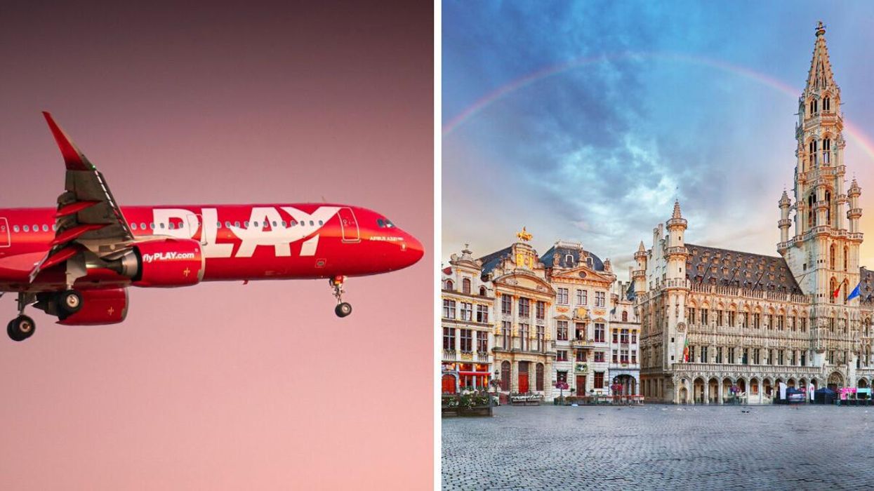 PLAY airlines. Right: Grand-Place in Brussels, Belgium.