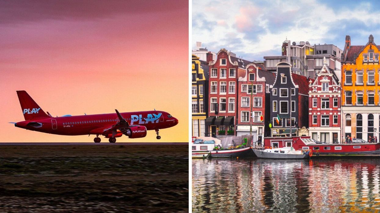 PLAY airplane. Right: Amsterdam.