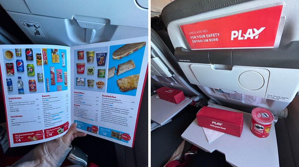 Play's in-flight menu. Right: A hot sandwich and Pringles from the menu.