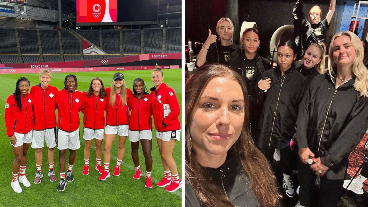 Players from the Canada women's national soccer team. Right: United States women's national soccer team players.