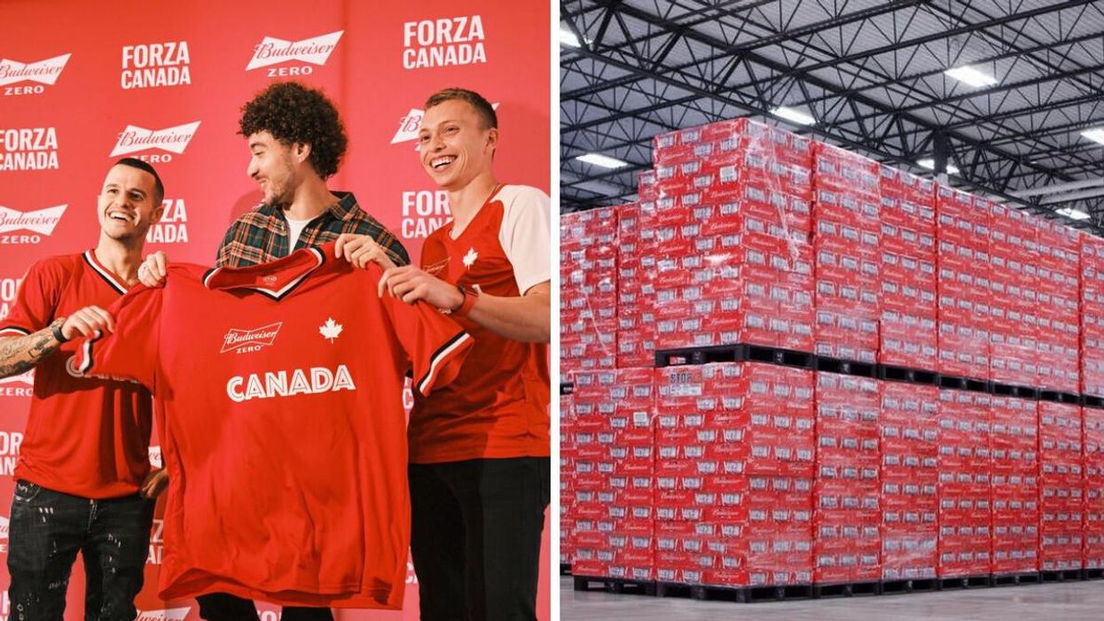 Players with a Team Canada Budweiser shirt. Right: Cases of unsold beer in Qatar.