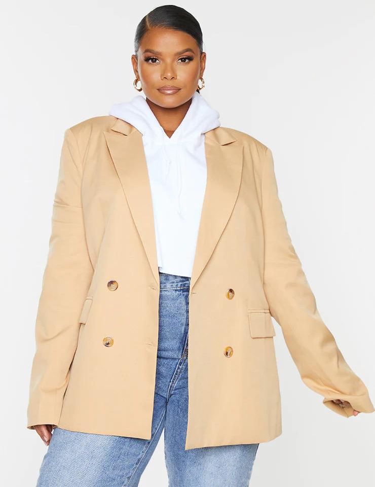 Plus Stone Woven Shoulder Padded Oversized Blazer