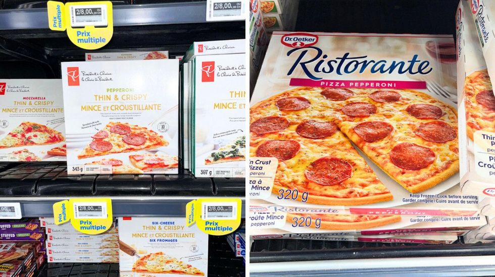 Plusieurs bo\u00eetes de pizza au cong\u00e9lateur chez Maxi. Droite: Une bo\u00eete de pizza au pepperoni de Ristorante.