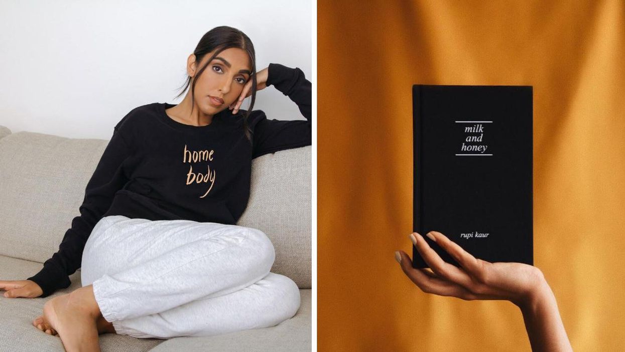 Poet Rupi Kaur poses for a photo. Right: An image of the banned 'Milk and Honey' poetry book.