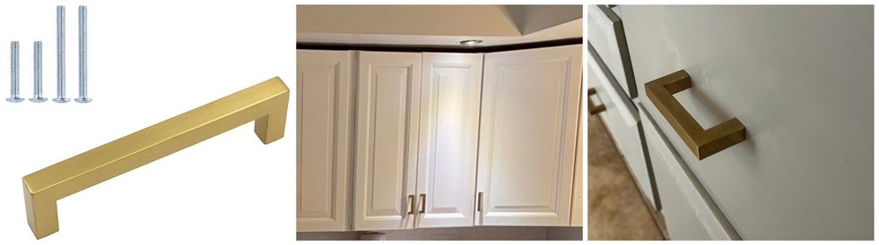 Poign\u00e9e de cabinets \u00e0 vendre sur Amazon. Centre : Cabinets blancs avec poign\u00e9es dor\u00e9es. Droite : Tiroirs gris avec poign\u00e9es dor\u00e9es.