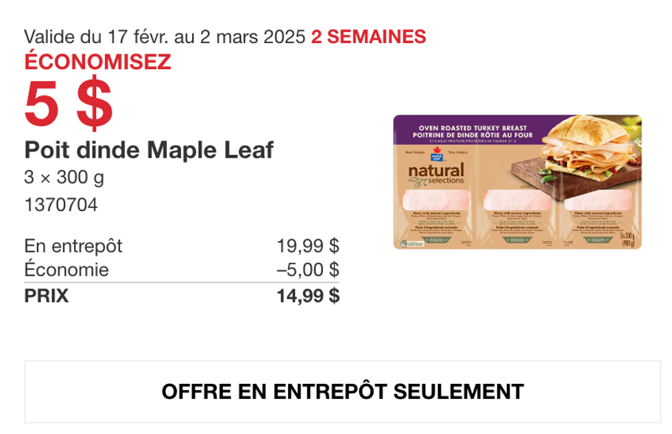Poitrine de dinde Maple Leaf dans la circulaire du site de Costco.