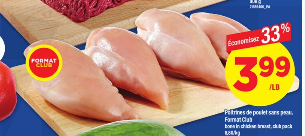 Poitrines de poulet format club dans la circulaire de Maxi.