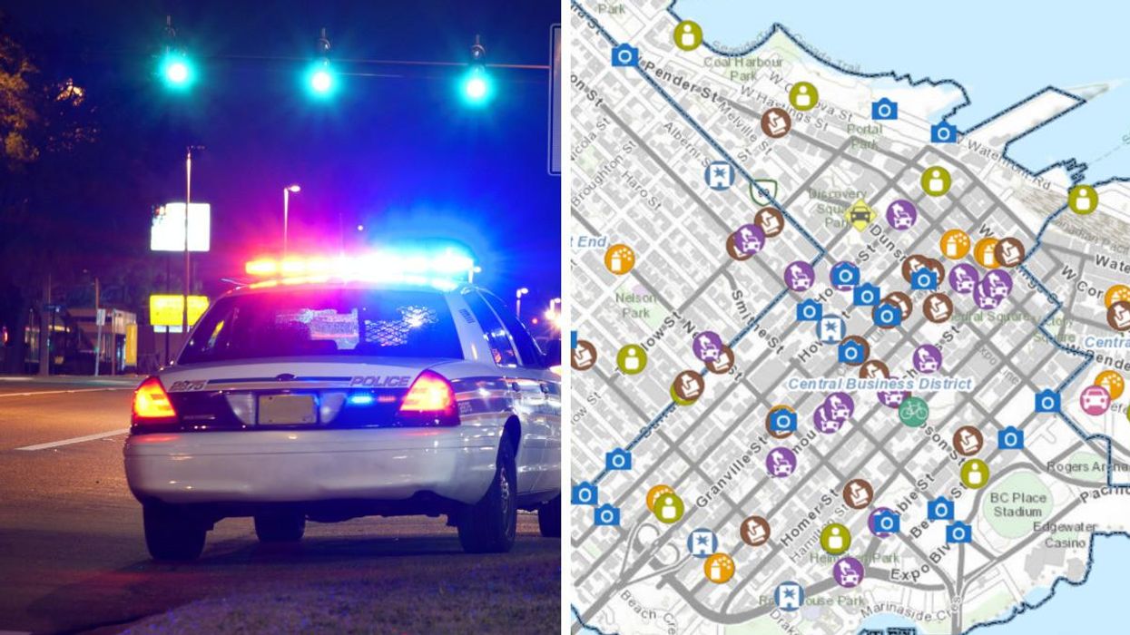 Police car with lights on, right, a screenshot of the GeoDASH Crime Map in Vancouver, B.C.