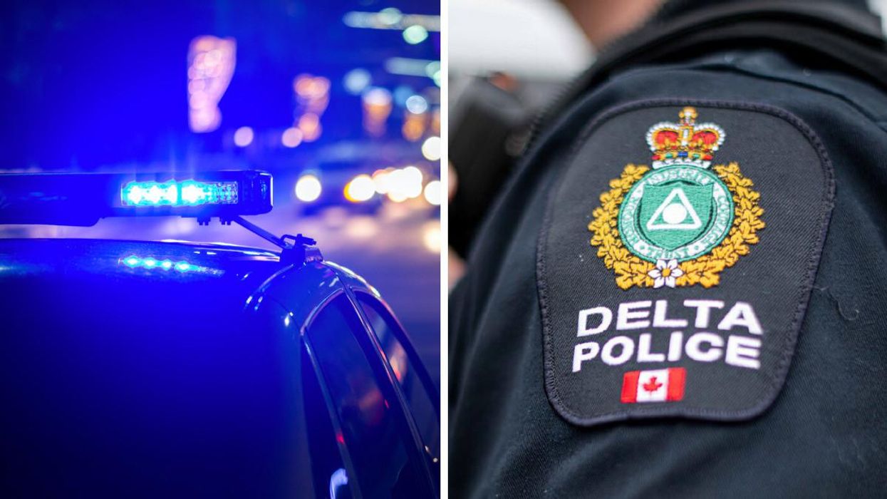 Police car with lights on. Right: Delta Police officer.