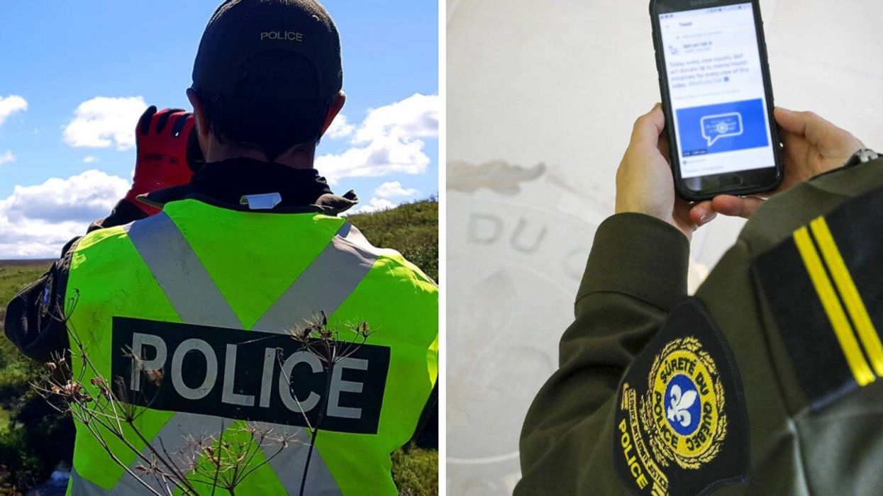 Policier de la Sûreté du Québec. Droite : policier de la Sûreté du Québec avec un téléphone en main.
