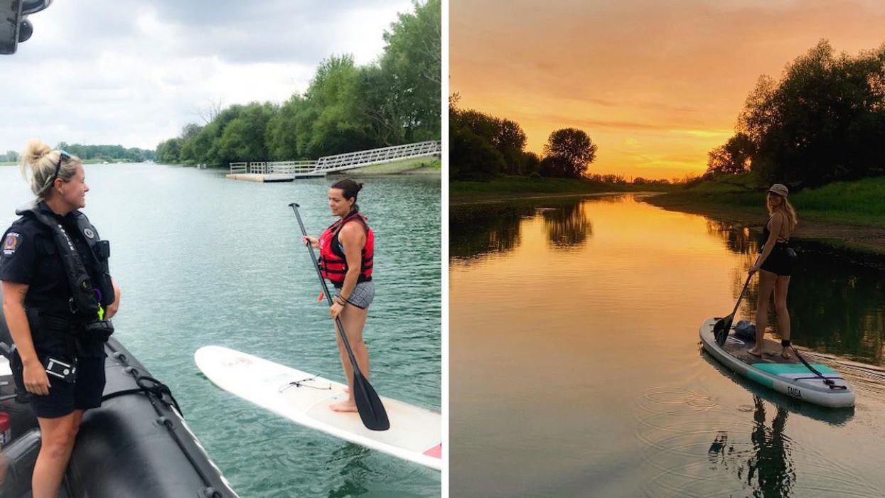 Policière parlant avec une femme en paddleboard. Droite : Femme en paddleboard.