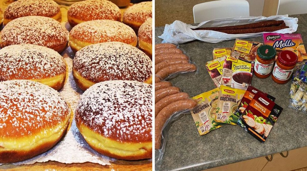 Polish doughnuts sprinkled with icing sugar at Starsky Fine Foods in Mississauga, Ontario. Right: A variety of Polish foods and products on a kitchen counter.