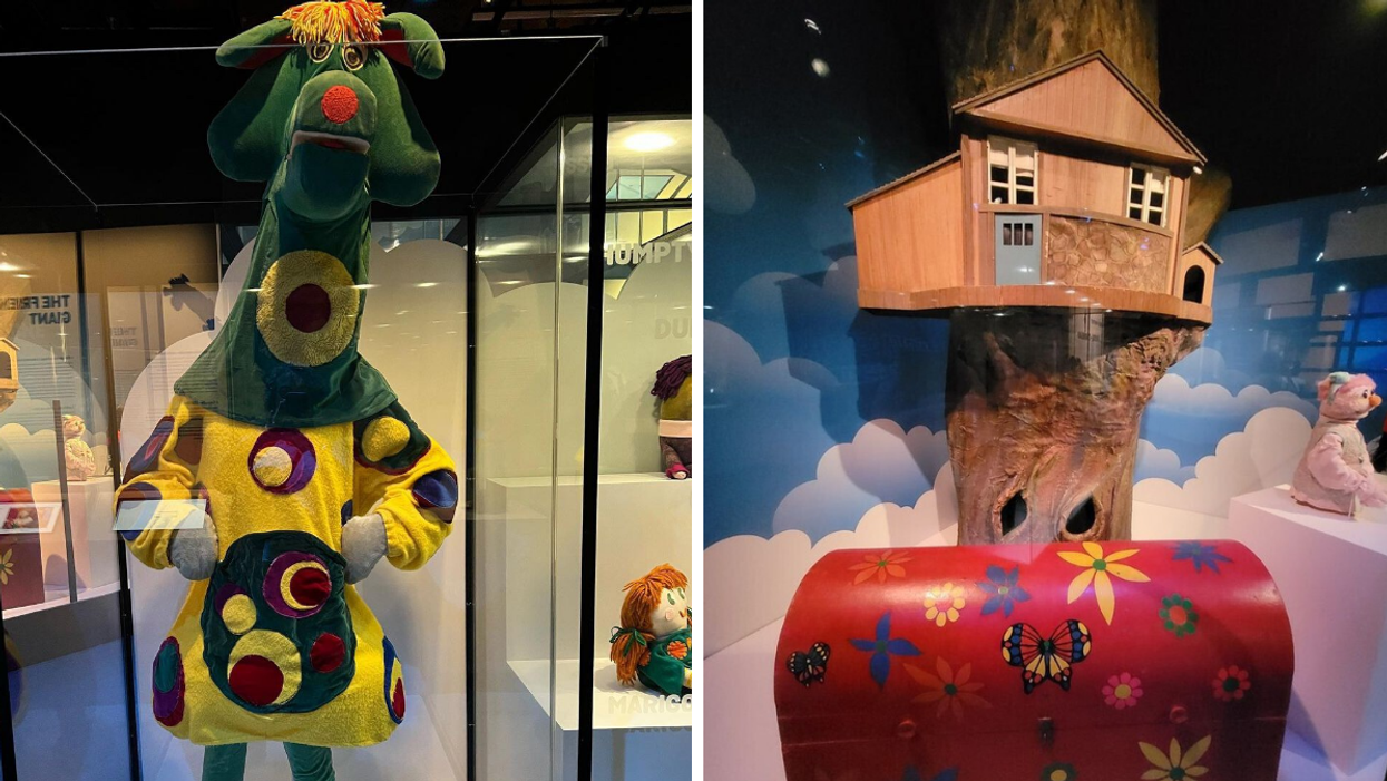 Polkaroo from 'Polka Dot Shorts'. Right: Mr. Dressup's magical Tickle Trunk.