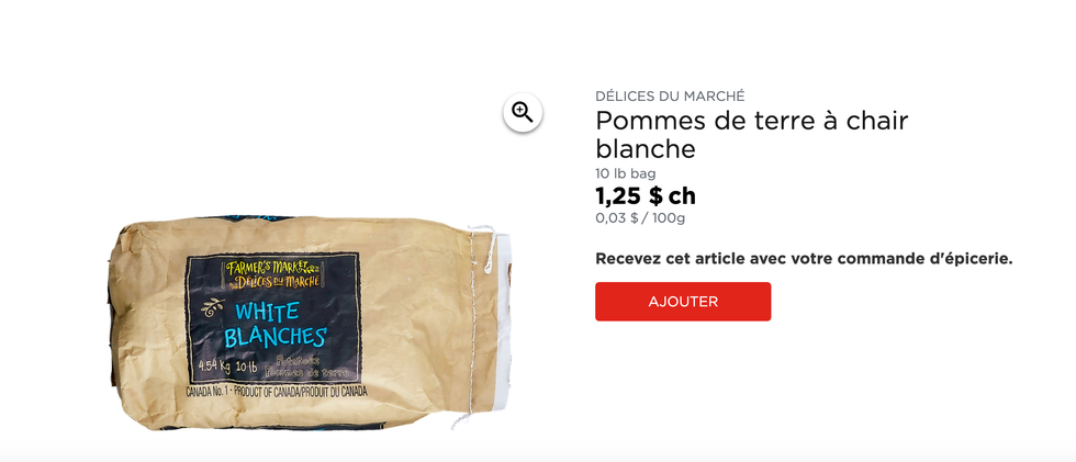 Pommes de terre blanches sur le site Web du Maxi.