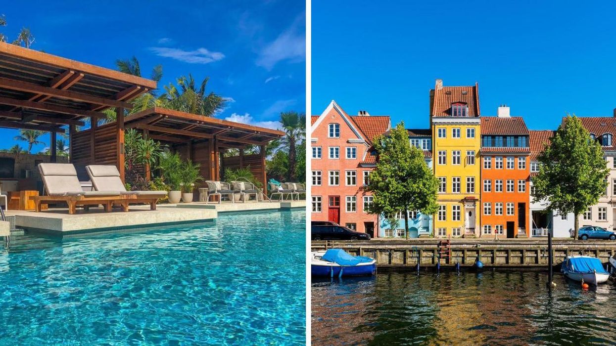 Pool at a resort in Aruba. Right: Colourful homes in Denmark.