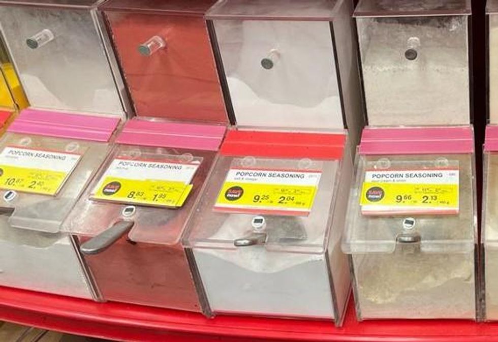 Popcorn flavours at Bulk Barn, including a ketchup seasoning.