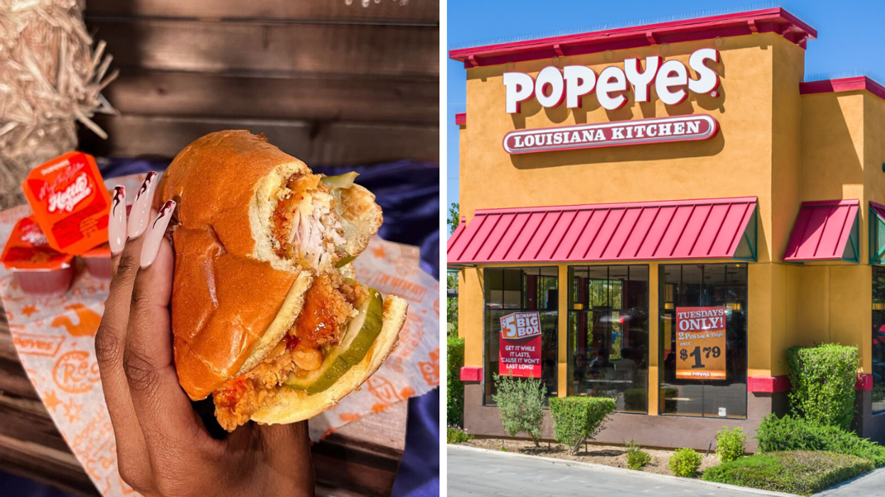 Popeyes Chicken Sandwich. Right: Popeyes Louisiana Kitchen.
