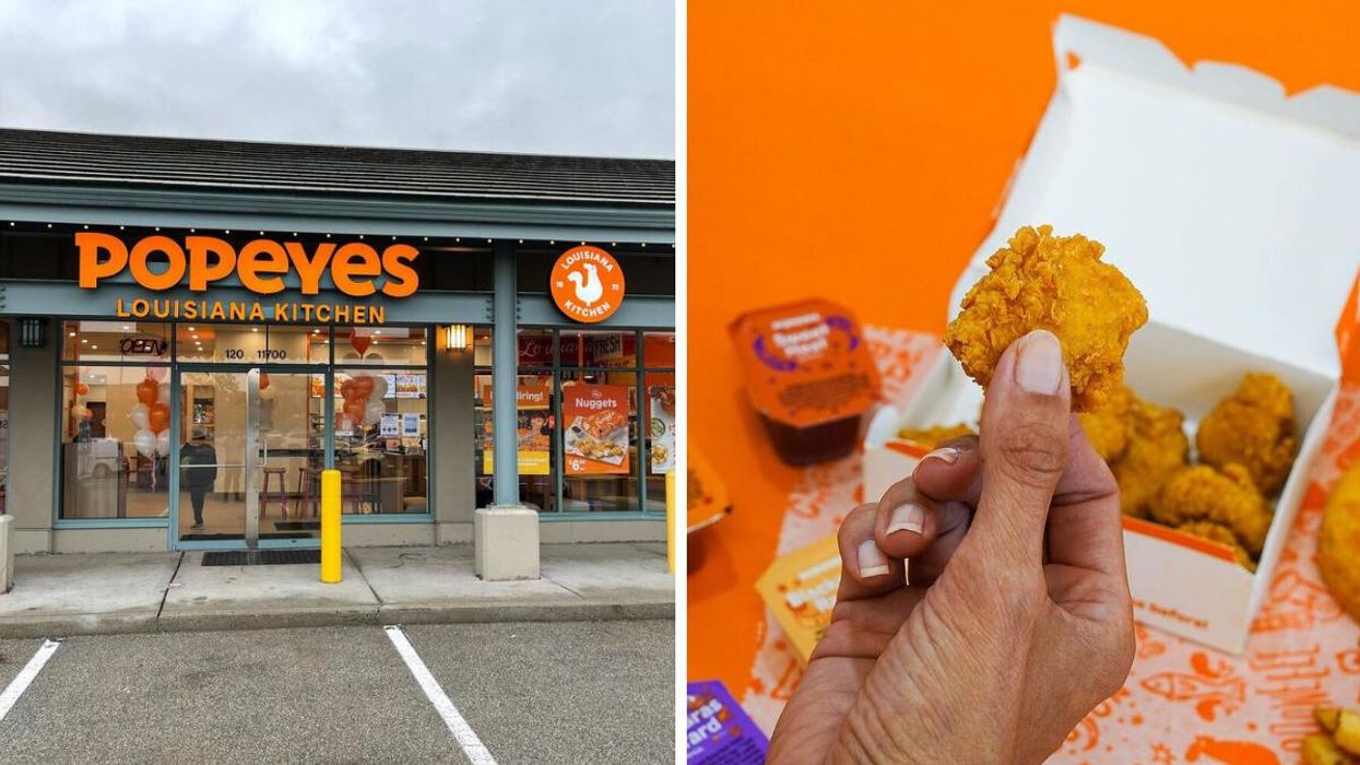 Popeyes location in Canada. Right: Popeyes chicken nuggets.