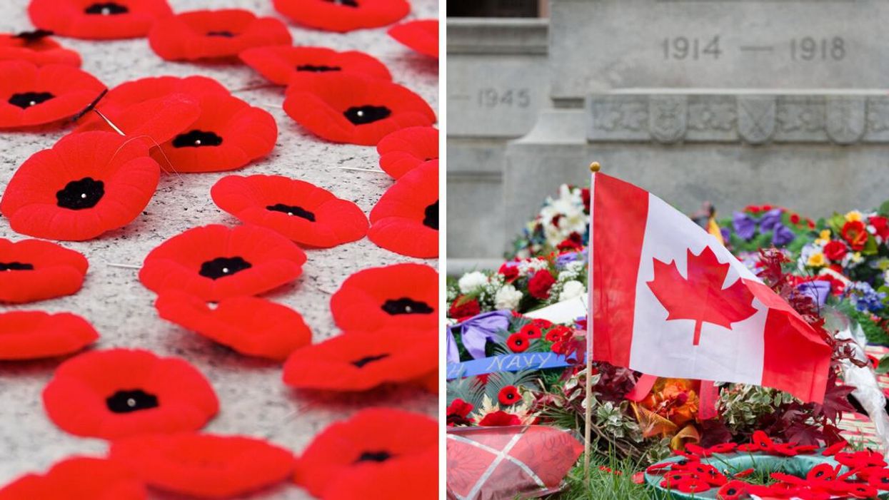Poppies at a Remembrance Day ceremony. Right: A wreath at the Old City Hall Cenotaph in Toronto.
