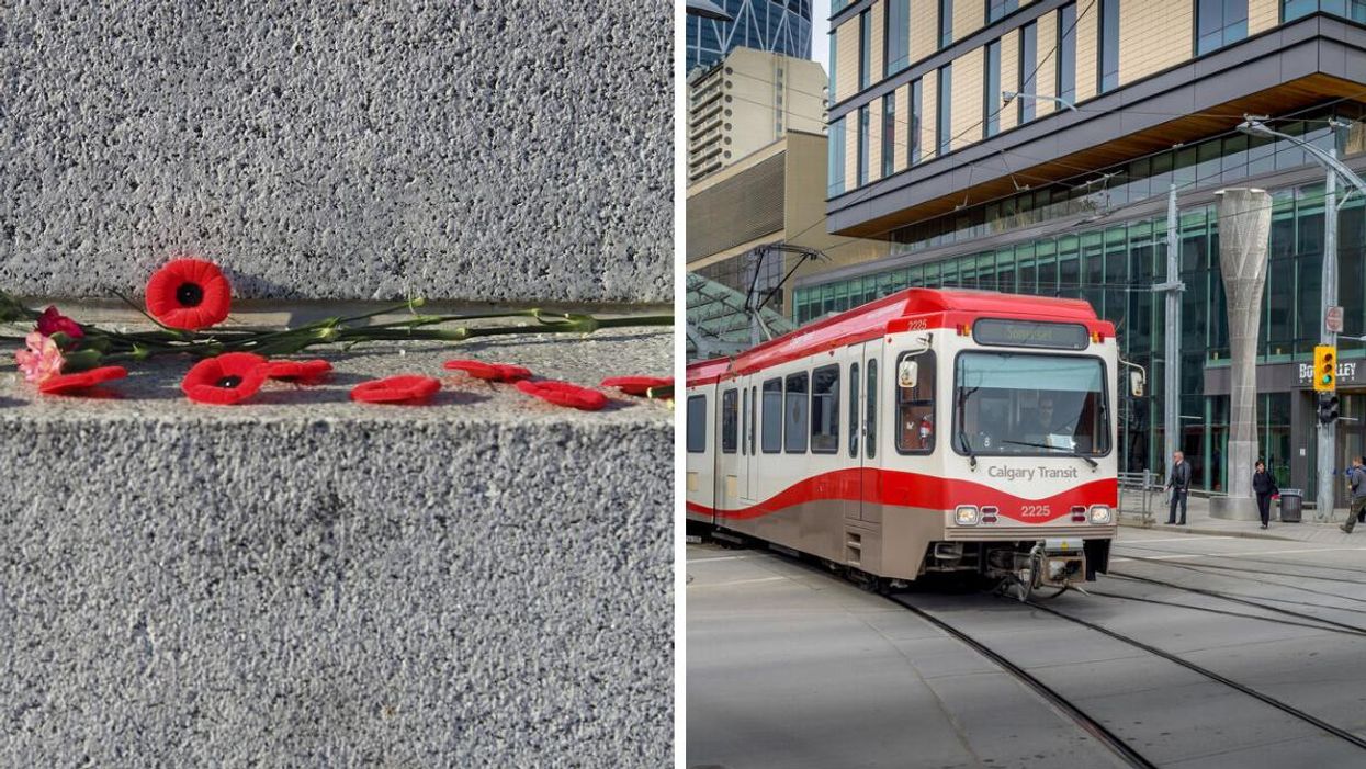 Poppies on a memorial. Right: A Calgary C-Train.