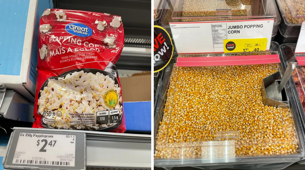Popping corn from Walmart and Bulk Barn.