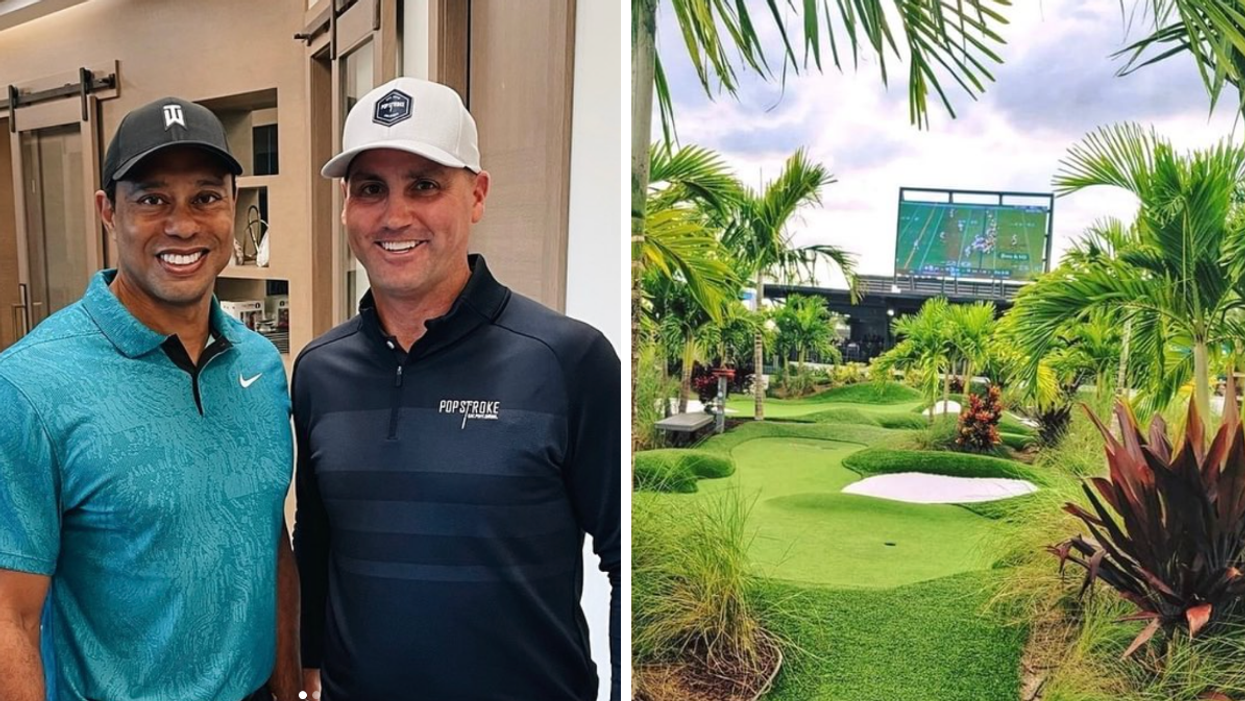 PopStroke co-owners Tiger Woods and Greg Bartoli. Right: A current PopStroke location.