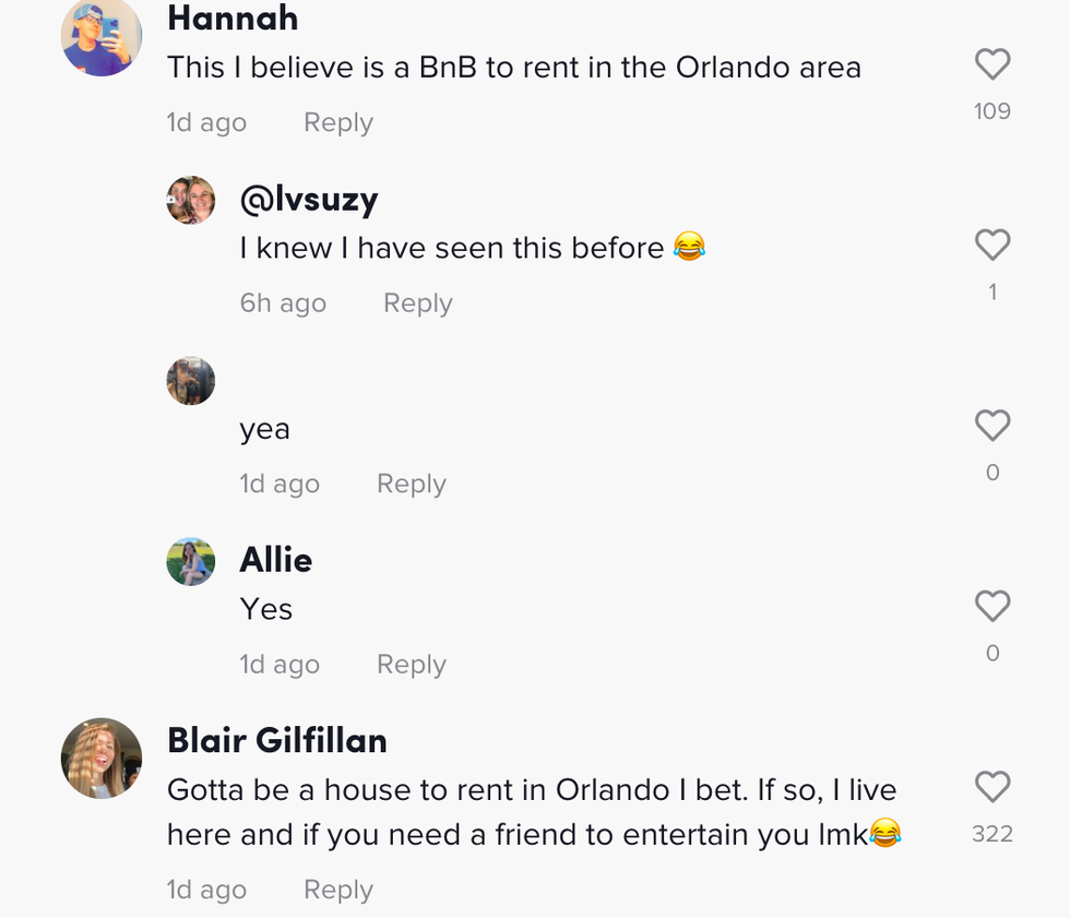 Popular comments on the TikTok video claiming it's a rental in Orlando. 
