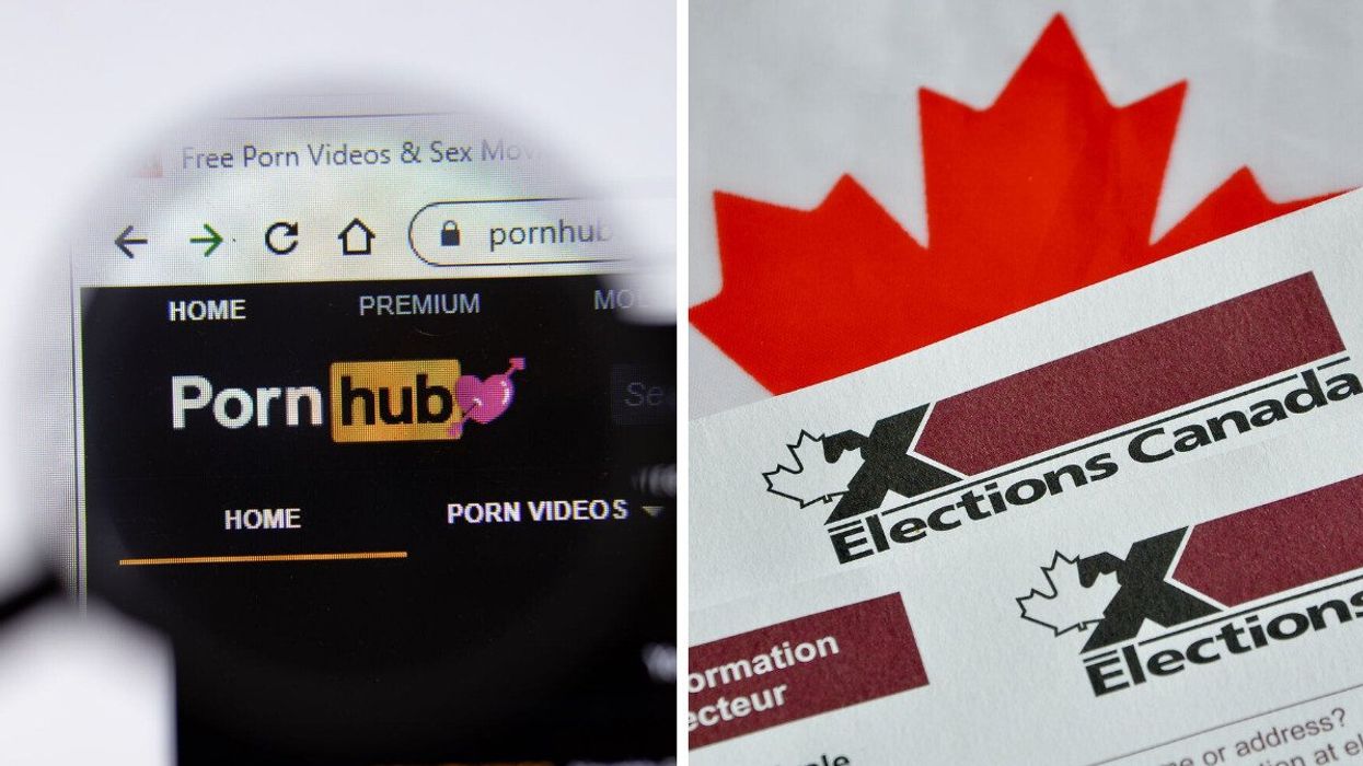 Pornhub logo on a web browser. Right: Elections Canada voter card in front of a Canadian flag.