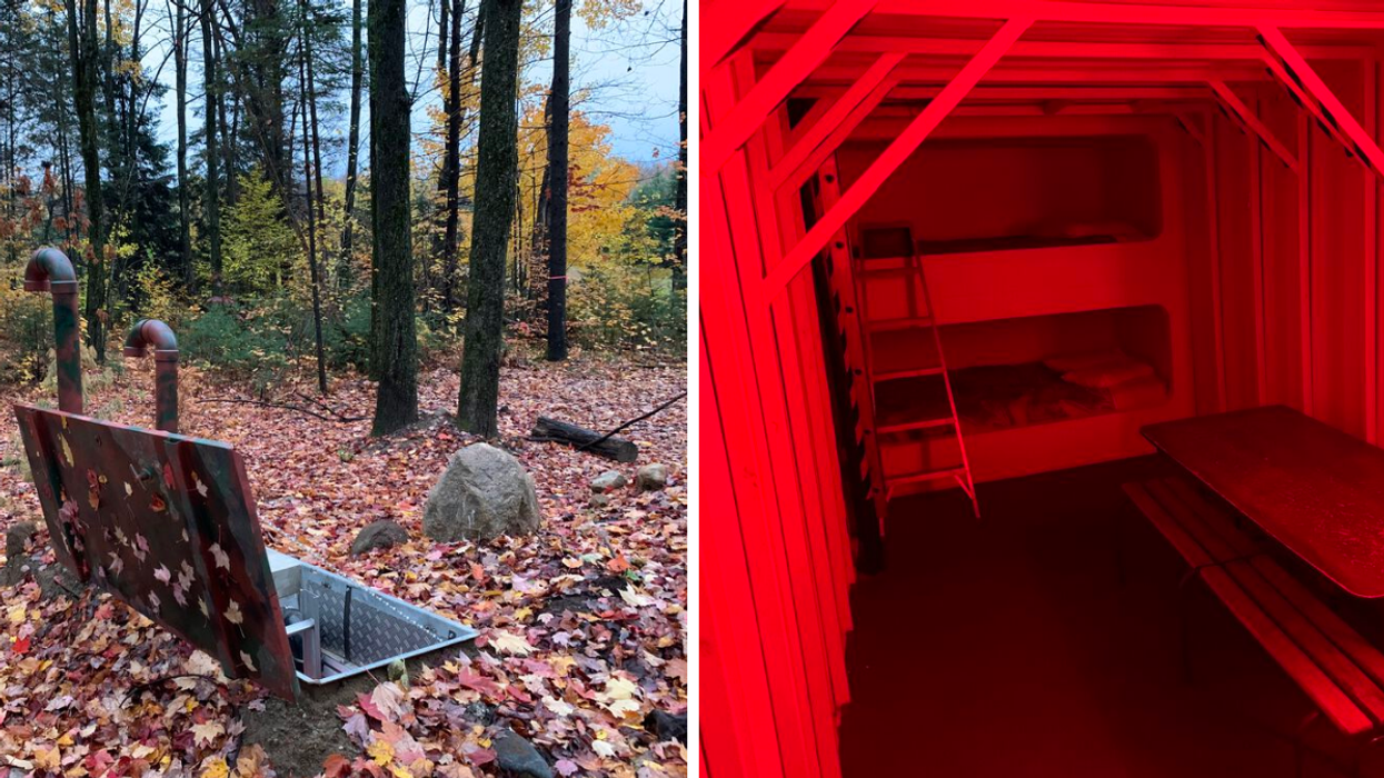 Porte menant dans le bunker. Droite : Intérieur du bunker.