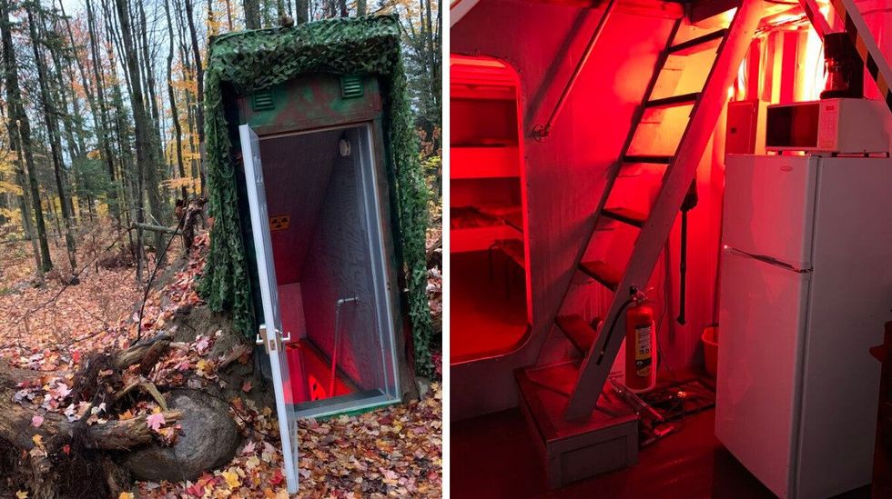 Porte menant \u00e0 l'int\u00e9rieur du bunker. Droite : Int\u00e9rieur du bunker.