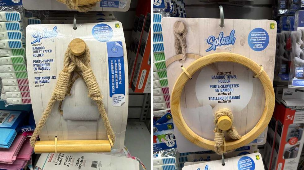 Porte-papier hygi\u00e9nique suspendu et porte-serviettes rond en bambou naturel de marque Splash, vendus chez Dollarama \u00e0 5 $ chacun.