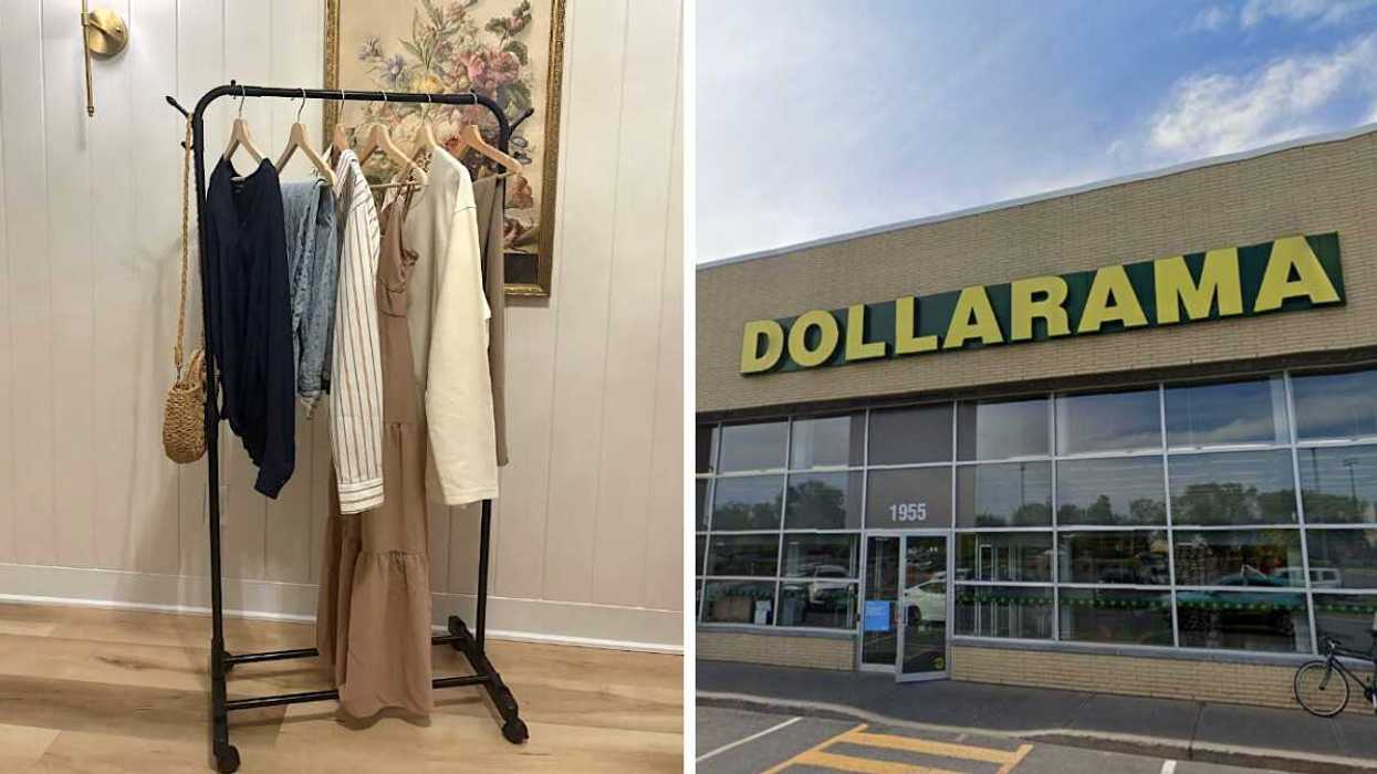 Porte-vêtements du Dollarama. Droite : Devanture du Dollarama.