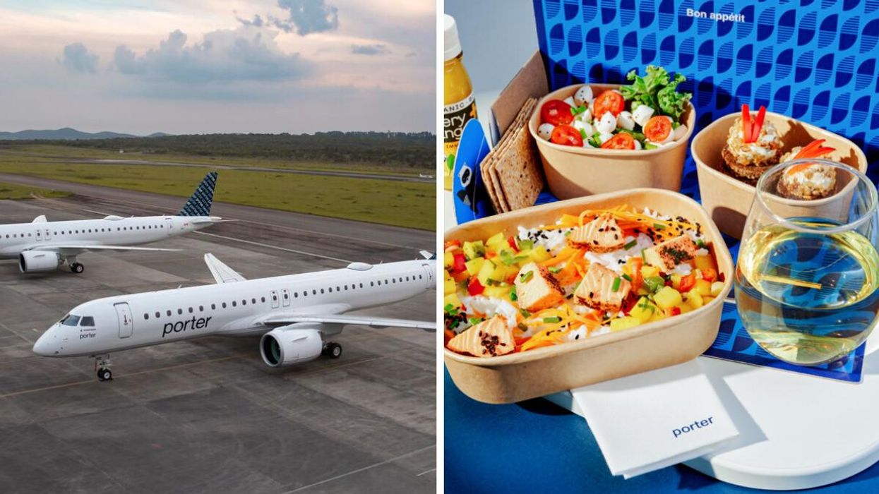 Porter Airlines. Right: Selection of food on plane.